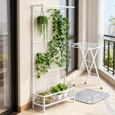 Grand support à plante en métal blanc avec treillis et barre de suspension, support de plante résistant aux intempéries pour plantes grimpantes, support de pot de fleurs de jardin intérieur et extérieur