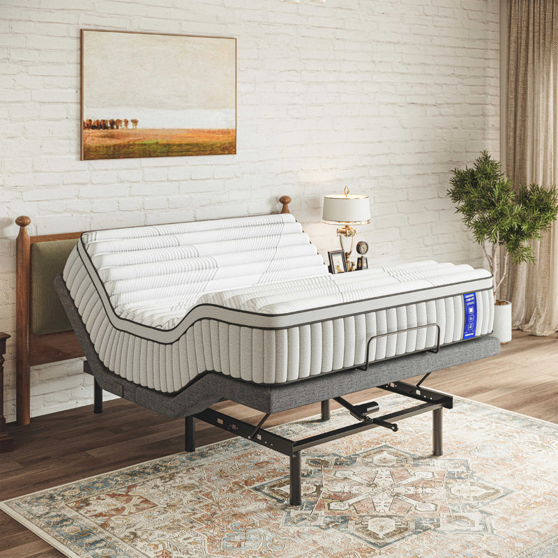 Lit ajustable avec matelas hybride mi-ferme de 35,5 cm, télécommande sans fil, position zéro gravité et massage, Grand lit