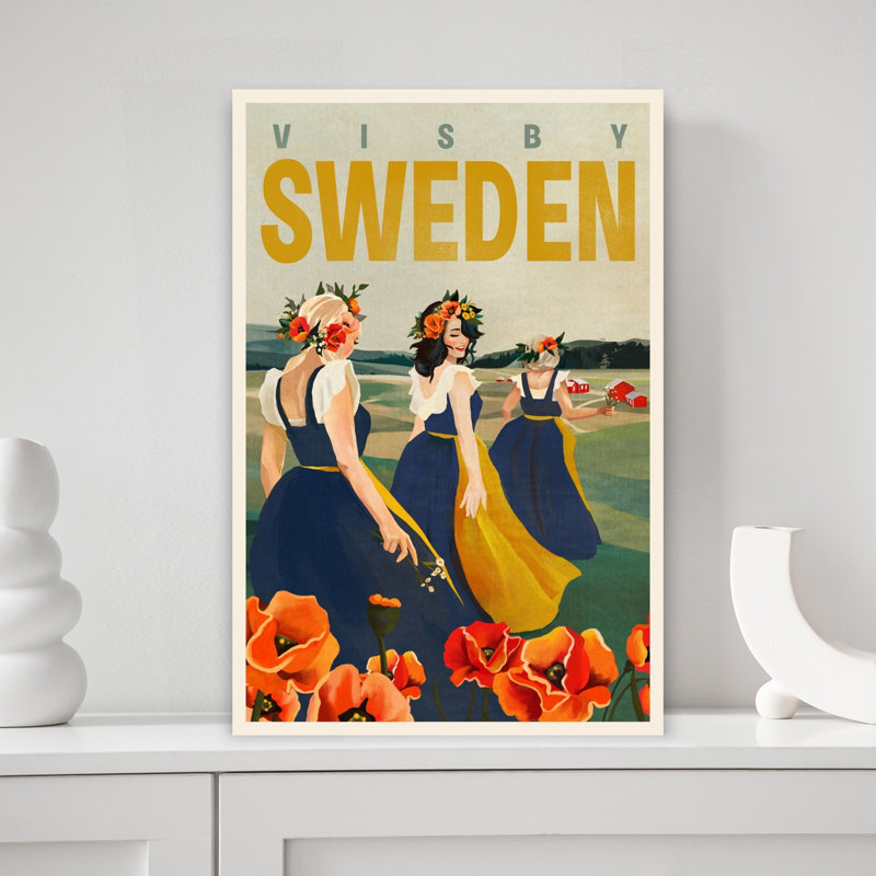 Visby Sweden Flower Girls Traditional Vintage Abstract Poppy Flower Landscape Wall Art Print 1 Piece Wrapped Canvas Wall Art