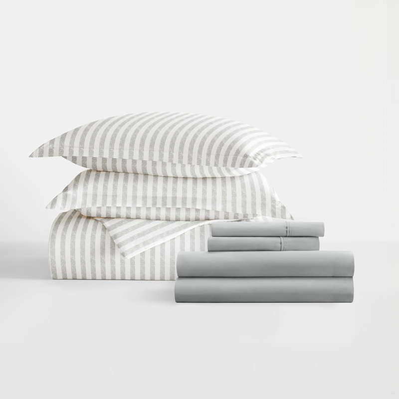 8-Piece Reversible Bedding Bundle - Patterned Duvet Cover, Comforter Insert and Solid Sheet Set, Gray Striped