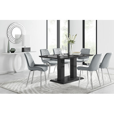 Eubanks High Gloss Double Pillar Dining Table Set with 6 Luxury Velvet Upholstered Dining Chairs
