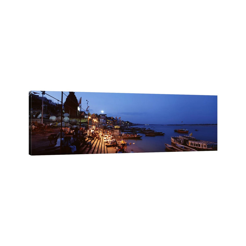 Ghat Along The Ganges At Night, Varanasi, Uttar Pradesh, India - Wrapped Canvas Panoramic Print