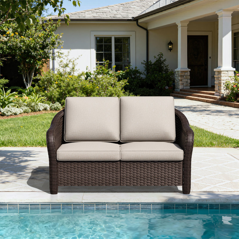 Causeuse d'extérieur en osier avec coussins, Beige