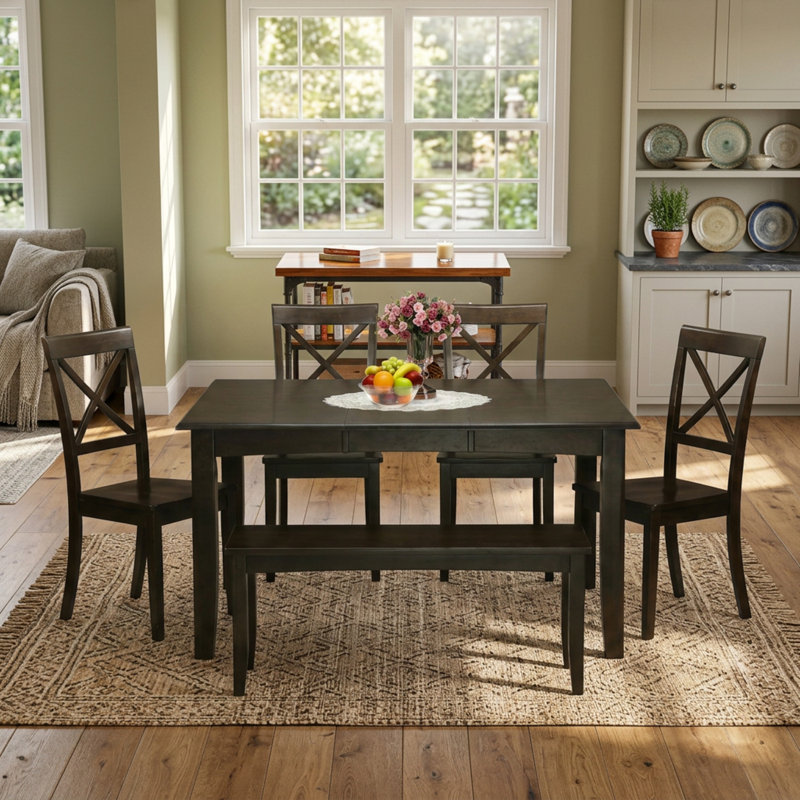 Ensemble table et chaises de salle à manger carrées en bois massif fini cappuccino foncé avec rallonge papillon intégrée de 45 cm