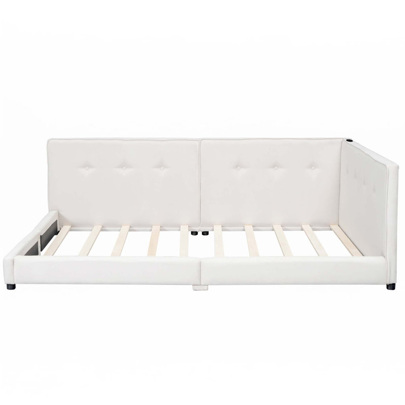 Lit plateforme tapissier avec ports USB, Beige, Grand