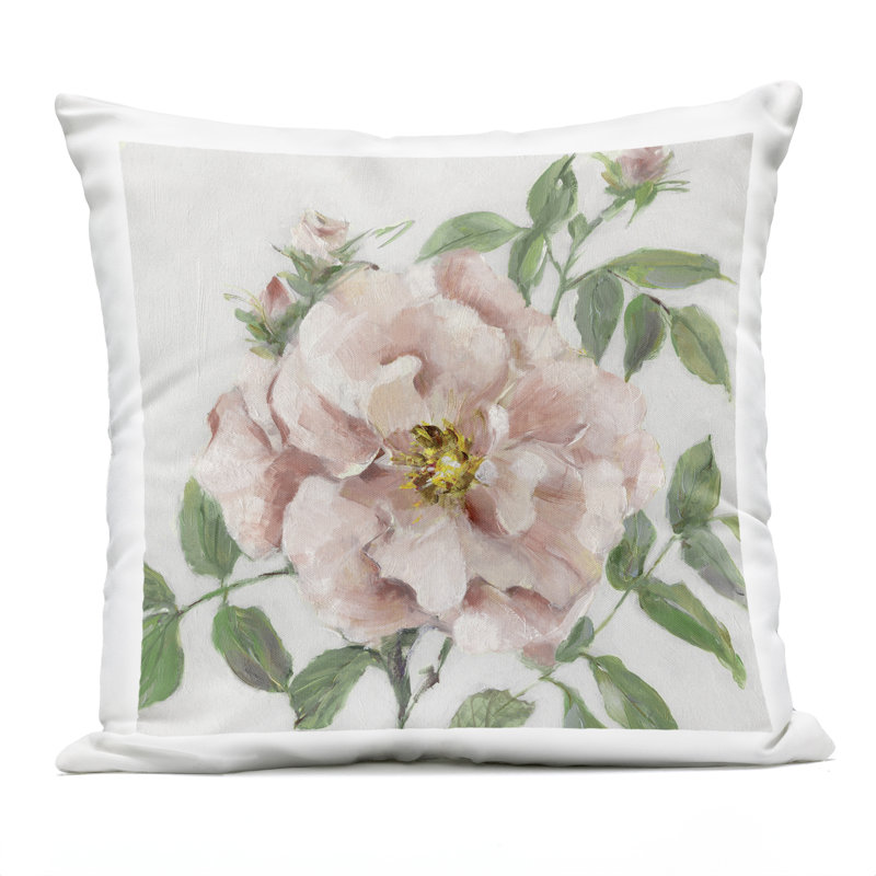 Traditional Single Pink Blossom Design by Sally Swatland Outdoor Printed Pillow
