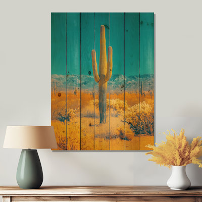 Saguaro dans le soleil du désert - Art mural bois de cactus floral - sur bois de pin naturel
