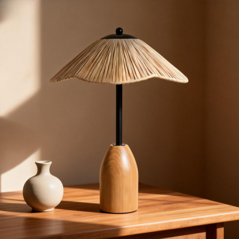 Lampe de table en grain de bois massif Farmhouse Chic - Lampe de chevet à chevet en rotin - Décoration vintage
