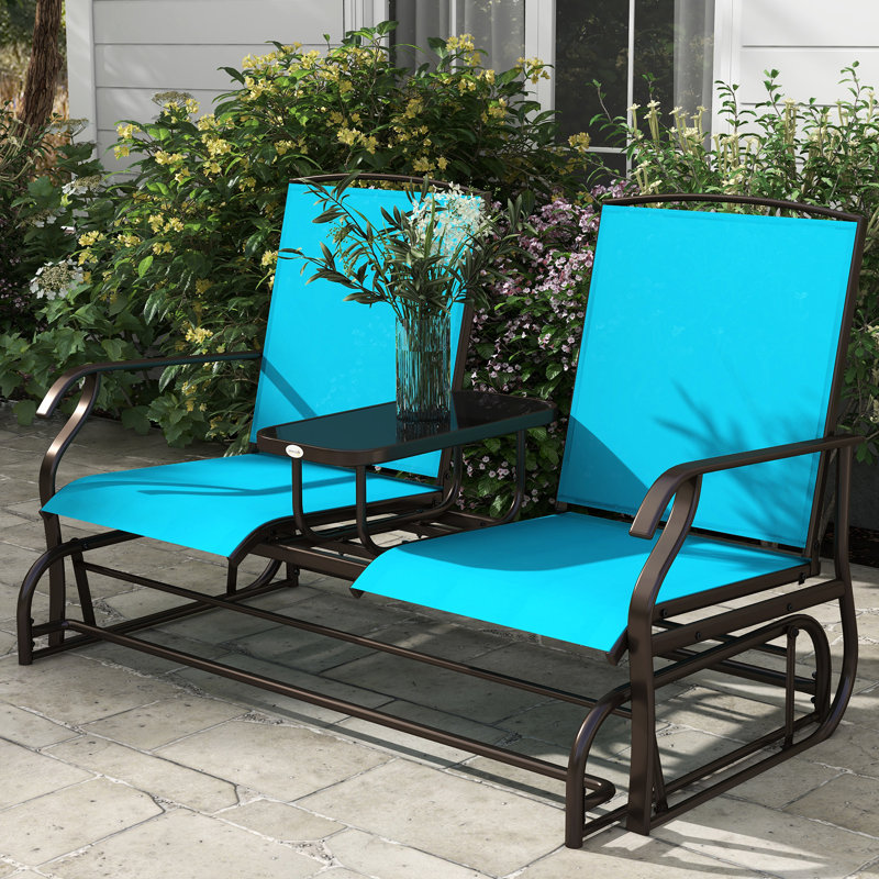 Patio arrière avec banc coulissant - Plaisir double glissement en métal bleu, filet respirant, pour le jardin, le porche, la table centrale en bord de piscine en bleu. Cadre de jardin en acier. Filet de toile, 528 lb Chargement