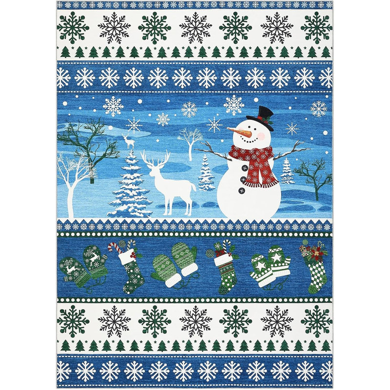2x6 Christmas Runner Rug – Washable, Non-Slip, Santa & Reindeer Print, Low Pile, Foldable Carpet for Hallway, Kitchen, Bedside (Grey)