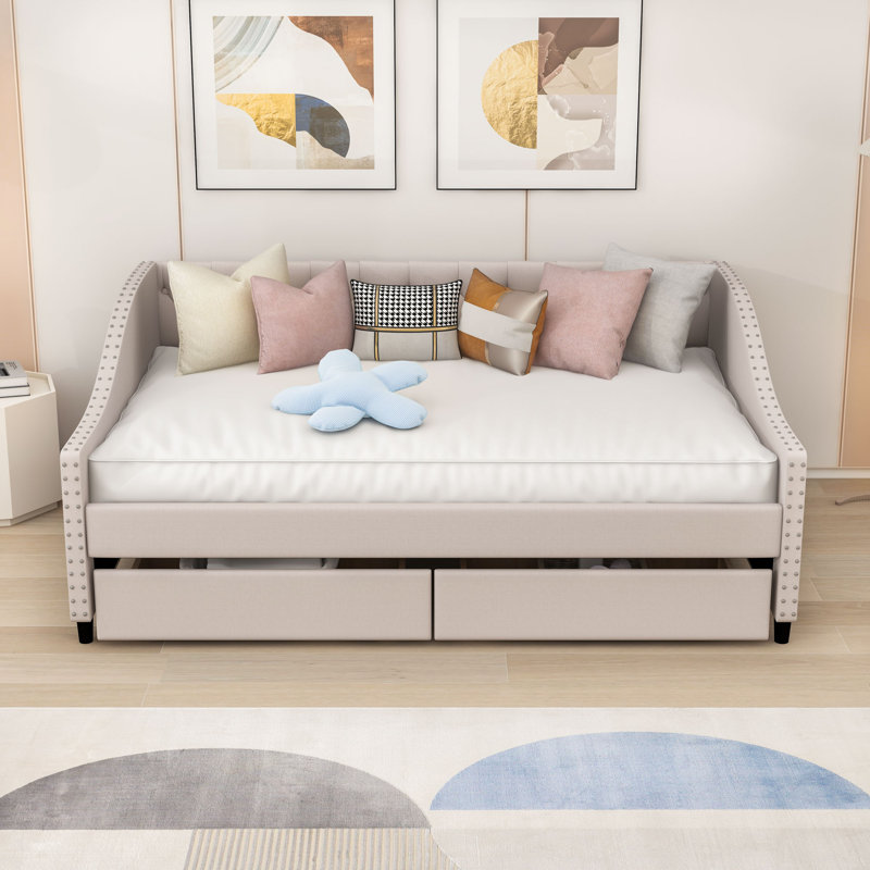 Thorndale Full Size 2 Drawers Upholstered Daybed, Beige 