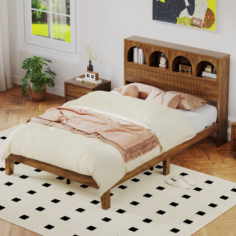 Structure de grand lit avec tête de lit, aucun sommier requis, Noyer, Full