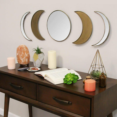 Small Boho Moon Phases Wall Mirror, Gold, 5 Pieces
