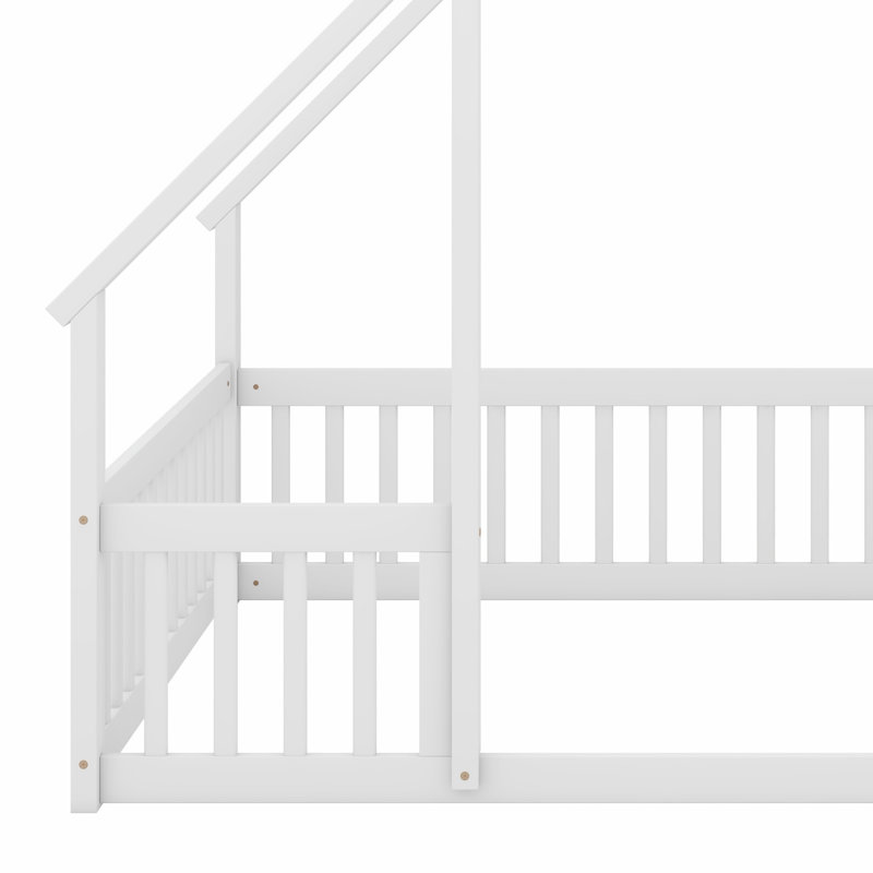 Lit de plancher en bois en forme de maison avec clôture, garde-corps, Blanc