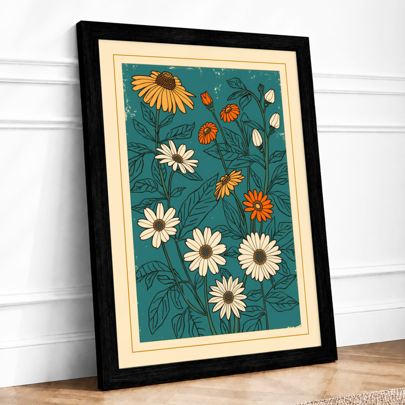 Scattered Daisy Print Botanical - Framed Print, Black, A3 - 42.0 x 29.7 cm