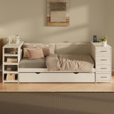 Wooden Daybed With Trundle And Side Shelves, Drawers, Storage Bed With Multi-Functional Desk And Charging Station