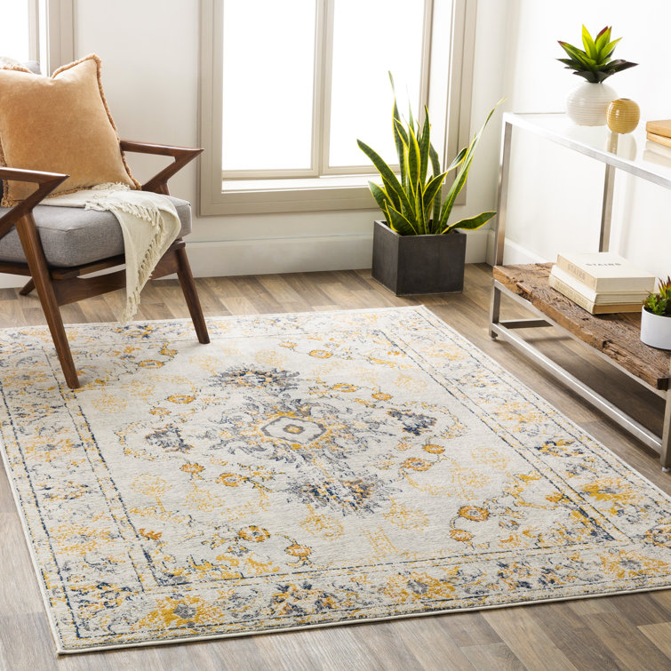 Cabe Machine Woven Oriental Yellow Area Rug