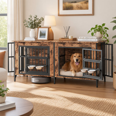 Wooden Dog Crate Furniture, Double‑Side Pet Kennel with Rotatable Feeding Bowls, Storage‑Top Indoor Dog Cage for Living Room