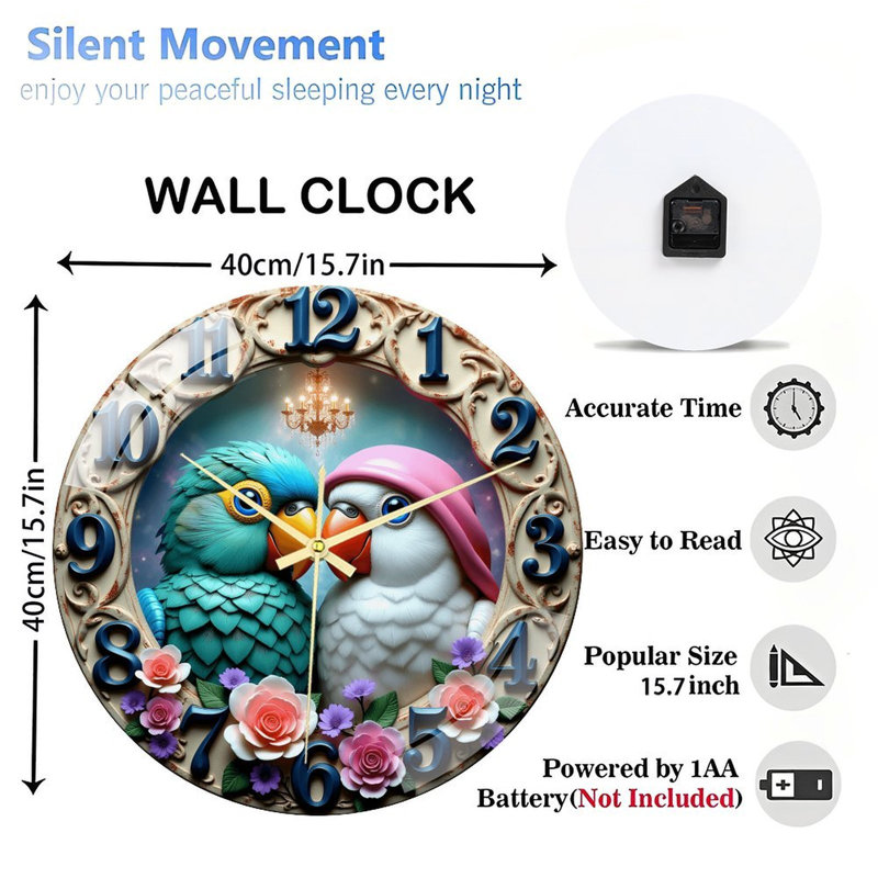 Horloge murale moderne en verre coloré 16 "avec perroquets colorés et horloge