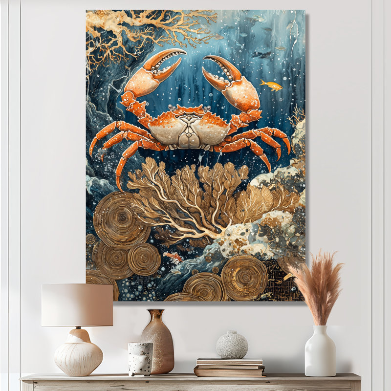 Aquarium bleu et blanc avec grand crabe III - reproduction d'art moderne en métal, crabe, art mural en métal