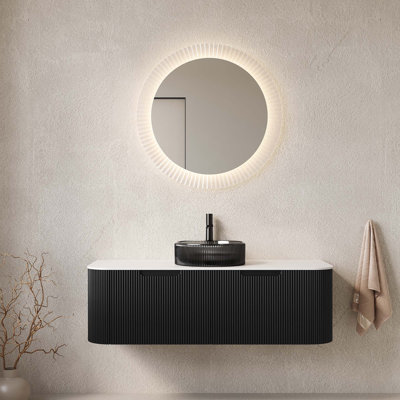 Meuble-lavabo 48 po, meuble-lavabo rayé à bords arrondis contreplaqué avec 2 tiroirs, lavabo rond en verre transparent et plateau en pierre frittée, pré-assemblé
