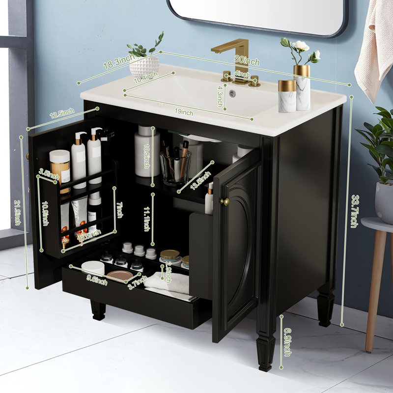 Armoire de meuble-lavabo 30 po avec lavabo en céramique, Noir, Doré