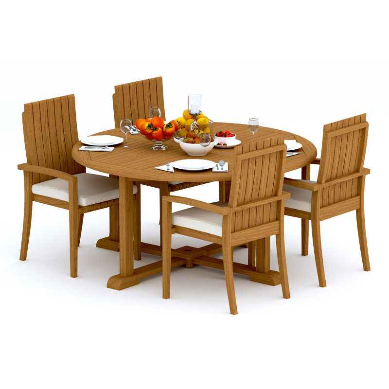 Ensemble de salle à manger 5 pièces en bois de teck de qualité A: table ronde de 60 po et 4 chaises empilables Ansari # 11GO1204