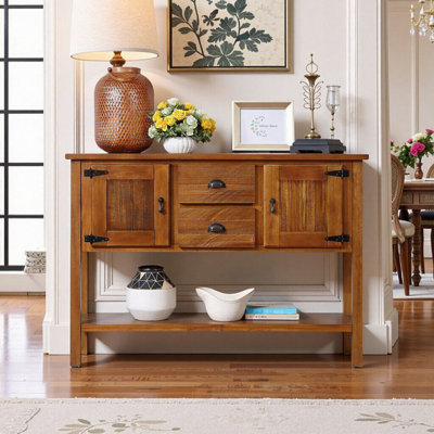 Solid Wood Console Table With 2 Drawers And Cabinets, Retro Storage Buffet Server For Living Room