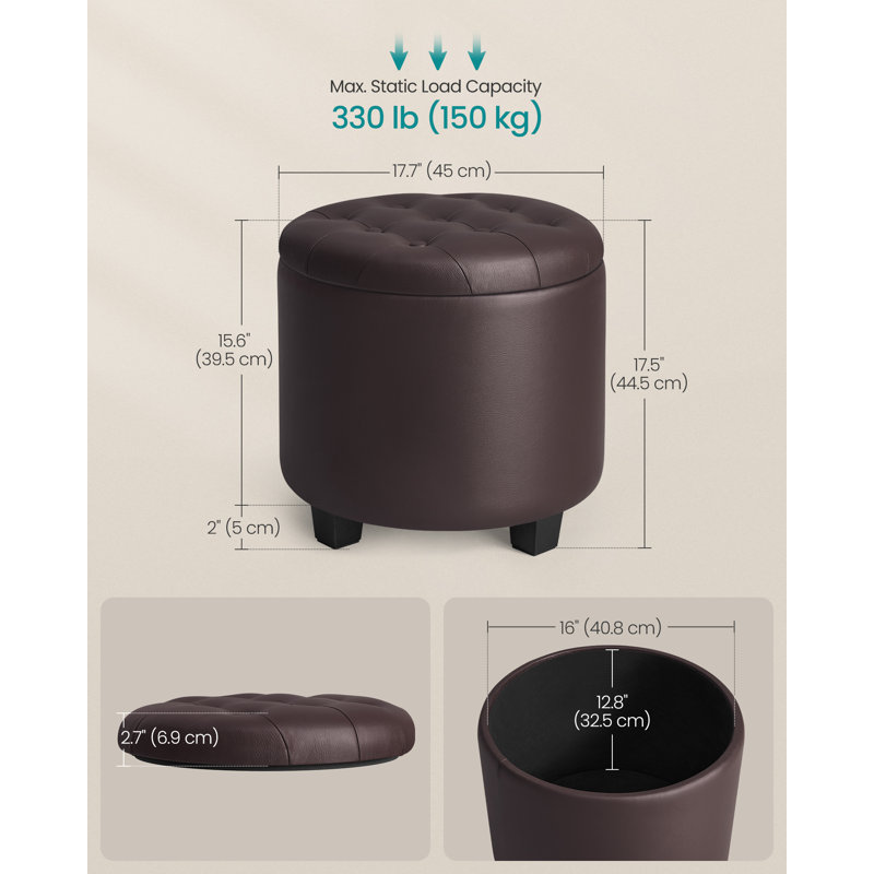 Round Ottoman, Ottoman With Storage, 17.7 X 17.7 X 17.5 Inches, Foot Rest With Legs, Synthetic Leather, Load Up To 330 Lb, For Living Room, Bedroom