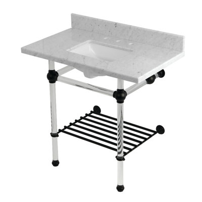 Kingston Brass Templeton 36-Inch Carrara Marble Console Sink with Acrylic Legs and Shelf (8-Inch, 3-Hole)