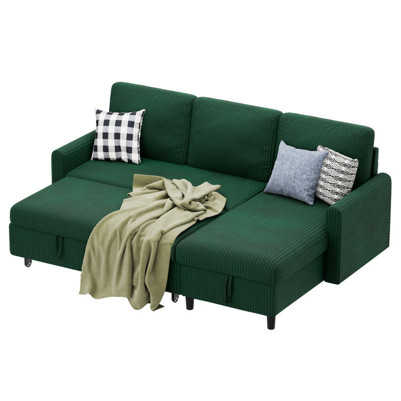 Ashleh 79" L-Shaped Sectional  with Ottoman, Green Cotton Blend