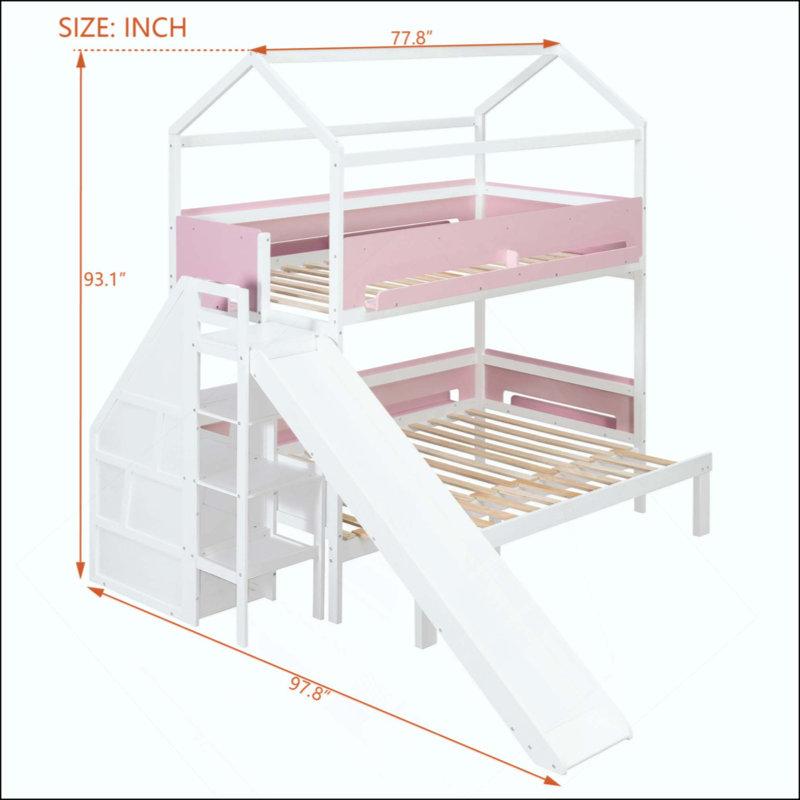 Lit superposé en bois en forme de maison avec glissière et escalier de rangement, cadre de lit pour enfants, Blanc / Rose