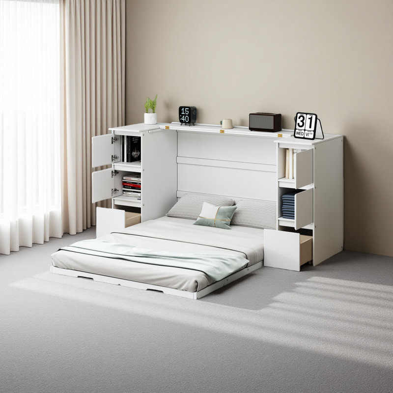 Armoire lit escamotable avec chaise, bureau et tiroirs Murphy, Full/Double, Blanc