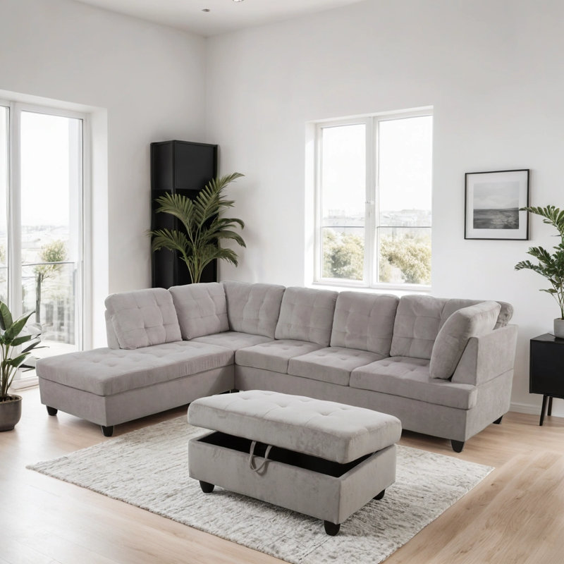 Canapé modulaire en L avec repose-pieds 3 pièces Carleah, Velours côtelé gris, Accoudoir à gauche (vu de face)
