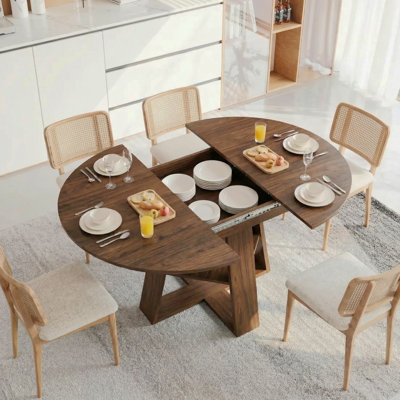 Table de salle à manger ronde extensible de 43,3 po à 59 po, table de salle à manger ovale circulaire pour 4 à 8 personnes, table de salle à manger de style campagnard avec tablettes amovibles pour économiser de l'espace et rangement pour la cuisine et le salon, noyer