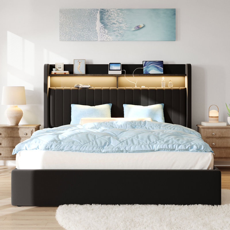 Hydraulic Lift Up Storage Upholstered Platform Wingback LED Bed With 2-Tier Shelves And Charging Station, Black, Queen