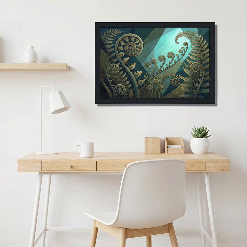Toile de fond fougère dorée sur fond géométrique, bleu sarcelle, 20"H x 30"W