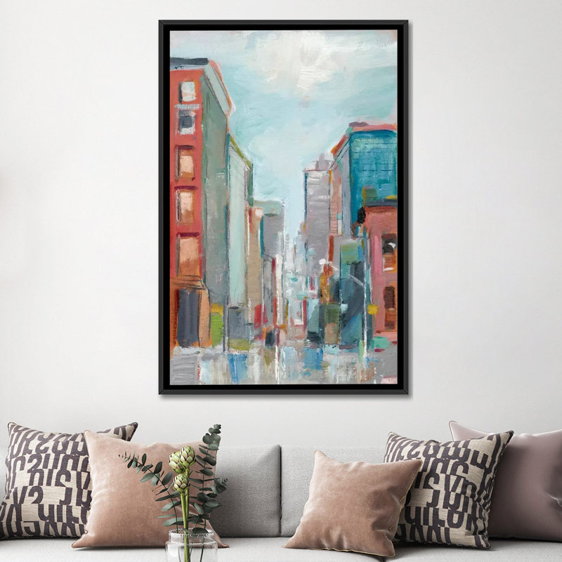 « centre-ville ii », impression sur toile, H 26 po x l 18 po x P 1,5 po, Toile avec cadre noir, Pas de tapis