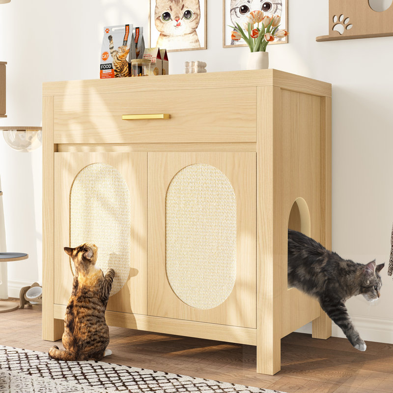 Enceinte de litière pour chat avec portes à griffes et tiroir de rangement, Naturel