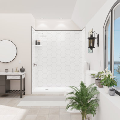 Mur de douche hexagonal blanc / gris avec bordure en nickel brossé Flexstone L 60 po x P 36 po x H 80 po Flexstone
