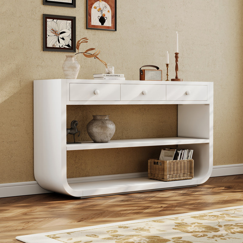 Console moderne avec 3 tiroirs à fermeture en douceur et 2 tablettes ouvertes, White