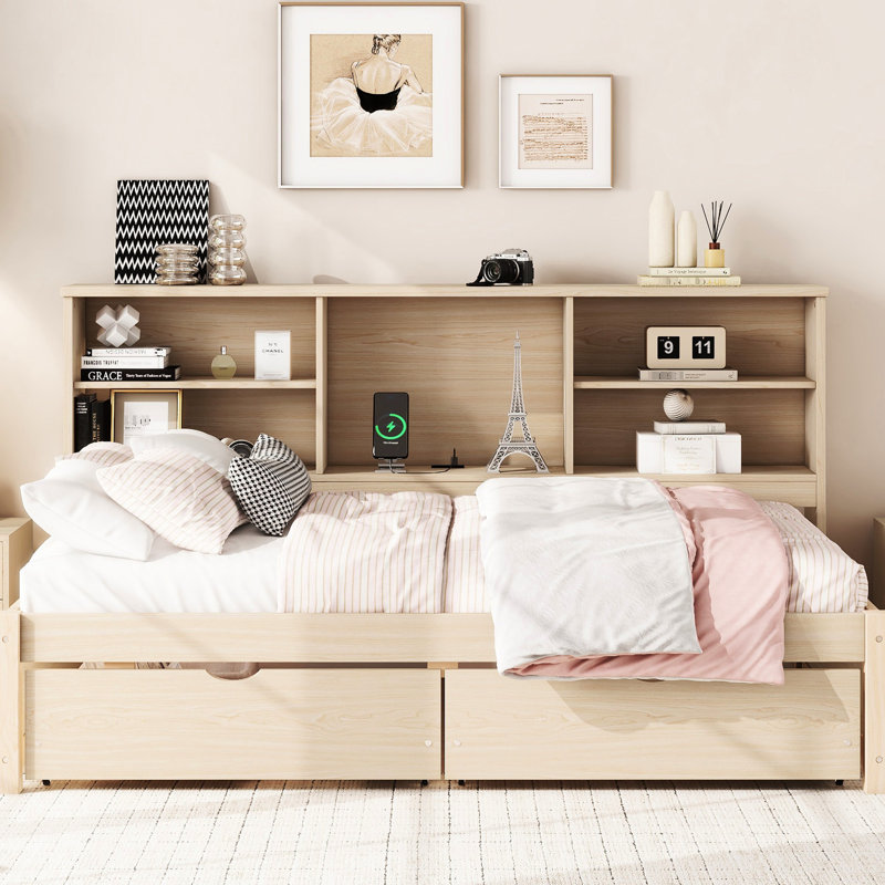 Lit de jour simple avec buffet, 2 tiroirs, chargement, côté teinté intégré, finition couleur, Naturel