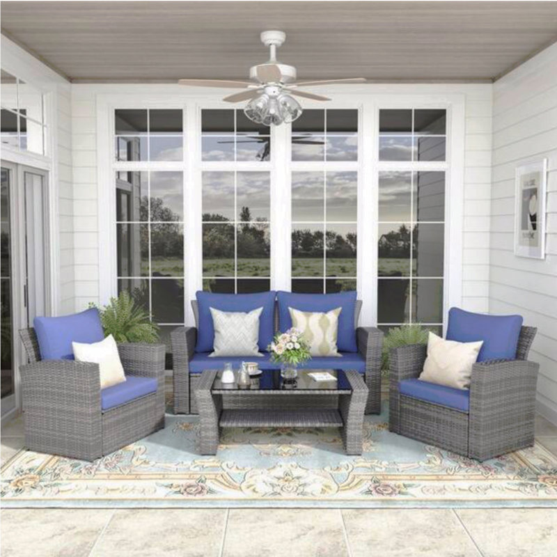 4-Piece Wicker Patio Conversation Set With Glass Table And Blue Cushions, Blue