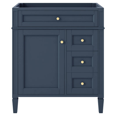 Meuble-lavabo moderne de 30 po avec 3 tiroirs, organisateur de porte d'armoire, tablette réglable, tiroir coulissant, rangement divers, pieds en bois massif et bleu, pieds romains, poignée texturée, glissières en métal lisse, design,
