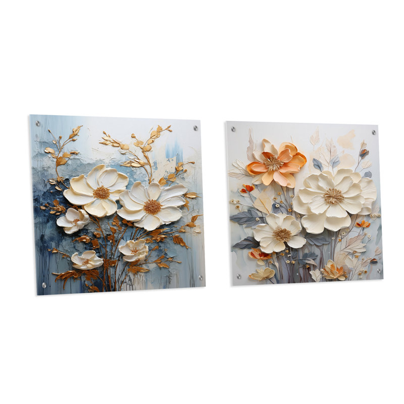 Ensemble de 2 peintures murales en acrylique doré doré et blanc, H 16 po x l 33 po
