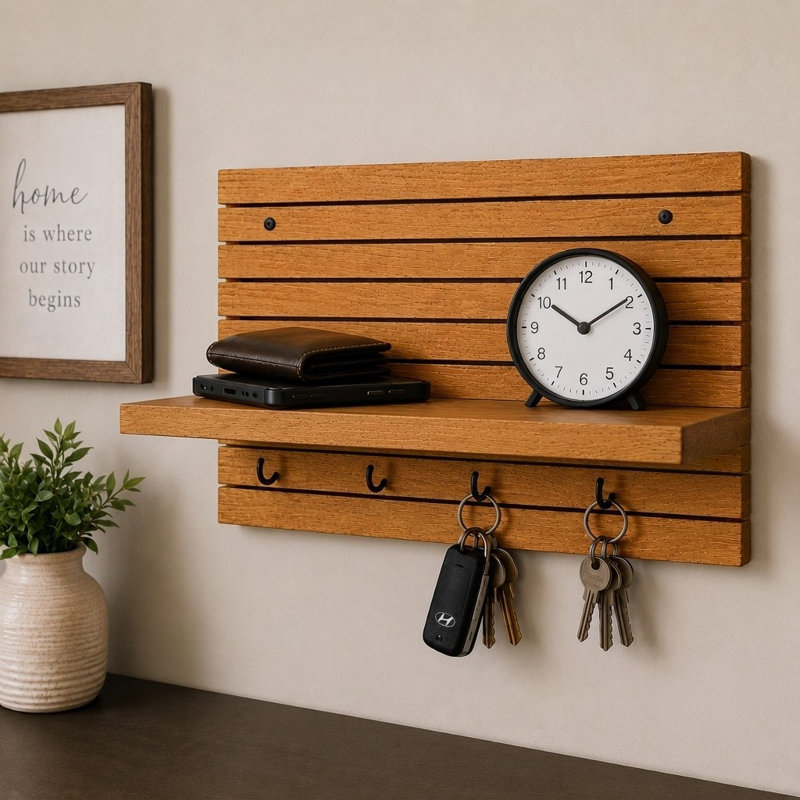 Waypoint Wall Organizer Shelf with 4 Key Hooks, Natural