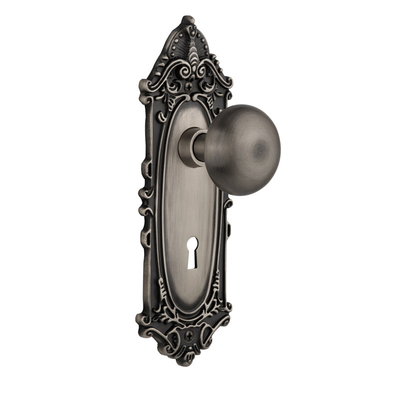 Victorian Plate with Decorative Keyhole and New York Door Knob, Antique Pewter