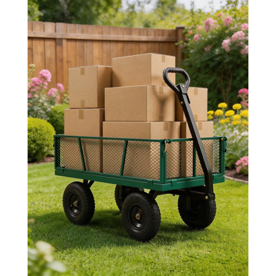 Chariot utilitaire de jardin 800LBS en acier robuste sans doublure imperméable, côtés grillagés amovibles, pneus tout-terrain de 10 po et poignée rotative à 180 ° pour jardin de pelouse, vert
