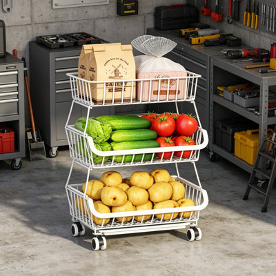 Chariot de rangement à 3 niveaux avec roulettes, organisateur de rangement en fil empilable pour garde-manger, tablettes à collation, support à fruits, support à légumes pour pommes de terre à l'oignon et conserves, blanc