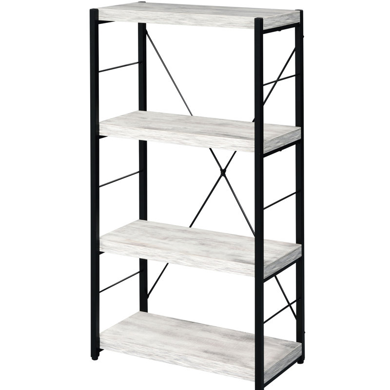 Metal Sled Frame Bookcase With Faux Concrete Shelves In Black And Grey 4-Shelf Base For Home Office Decor Black+Grey